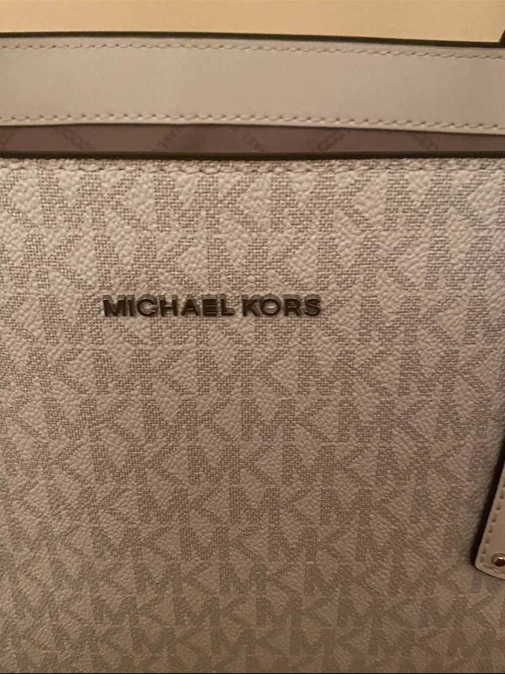 Michael Kors White MK Logo Tote with Leather Trim